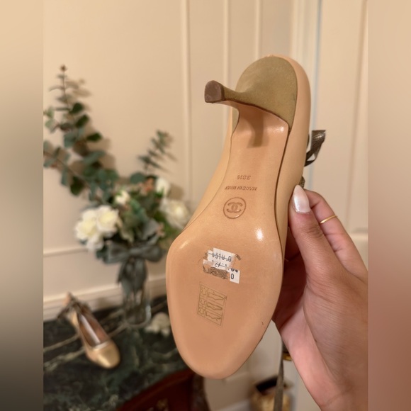 Vintage Chanel Beige & Gold Lace Up Ballerina Cap Toe Pumps - Picture 2 of 5